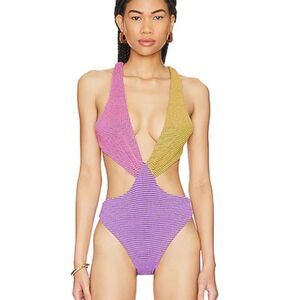 Agua Bendita 
Malibu One Piece Multicolor
Pink Yellow Cutout Swimsuit Revolve L